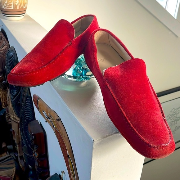BOSS Red Suede Driving Loafers Men Size 7.5 - Picture 1 of 9